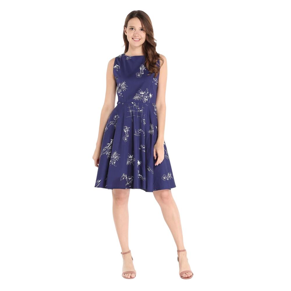 Hawaii Hangover Vintage Fit and Flare Dress Classic Map Navy Blue White Large